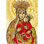 This is a stylized rendering of the legendary painting of the Polish Madonna of Czestochowa which is enshrined in the chapel of the Jasna Gora monastery. According to tradition, it was painted by St. Luke on a tabletop made by St. Joseph.