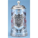 This is a very handsome heritage stein! What a great gift for any occasion! The Polish Eagle is proudly displayed in a crest with POLSKA (Poland) in raised letters. The Polish Flag surrounded by oak leaves adorns both sides of the crest.