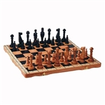 Beautiful hand crafted oversized oak chess set. Pieces have felt bottoms and each fits inside the box in its own formed place.