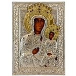 Made in Poland this icon is hand painted and covered with a beautiful cover of zinc plated copper featuring fine bas-relief. This picture is studded with red faux gems.