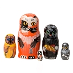 These alley cats are looking for a cat lover to invite them home. Five different cats are portrayed, each bearing a souvenir from his back street hunting expedition. The largest, a calico, dangles a mouse from his paw. A whimsical gift for your favorite a