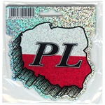 Map of Poland (Black/Red and White Metallic) Decal.  The letters "PL" are the designated abbreviation for Poland in Europe.