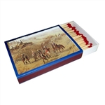 Large box of 100 long matches featuring a panoramic scene of the battle of Raclawice. Exact portion of scene may vary.