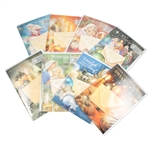 Beautiful assortment of 10 Polish language religious Christmas cards with matching envelopes.  Enclosed in each card is a small Christmas wafer (oplatek) which can be seen through a cut out of the card, like a star, a tree or an ornament.  Each