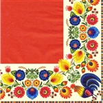 'Regal Feast'.  Three ply napkins with water based paints used in the printing process.  They have a red center with a full color traditional Lowicz Wycinanki (paper cut out) pattern that boarders the whole napkin!