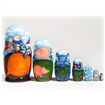 We are pleased to offer this beautiful rendition of the traditional Russian tale of the Gigantic Turnip. Each of the 7 dolls nested inside each other has a different animal pictured that goes along with the story of the old man and woman who needed help t