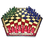 Chess for three is a unique invention of a Polish university professor from Krakow, Poland.  Each set is hand made of Linden wood.  Chess board is hand made from Linden wood and burned by hand. Game rules included in English, French, German and Spanish wi