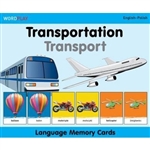 Language Memory Cards is a set of 60 cards: 30 cards with an image of  a transportation mode and its word in English, and 30 cards with the same image and its word in the other language. By matching the images on the two cards, children learn the words