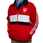 This warm, comfortable and stylish zip up jacket in red-as a main color- also has white and black stripes in the front, black collar and white stripes on the sleeves. It features The Crowned White Eagle in a red shield on the front left side and the word