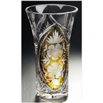 Amber colored cased crystal is a Polish specialty.  Hand blown, cut and polished from the "Julia" factory in Poland,  this beautifully shaped vase features flowers on two sides.