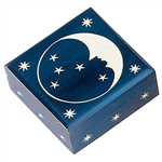 Hand carved moon and stars decoration. Deep blue, high gloss finish.