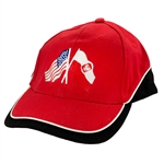 Crossed Flags - US and Poland.  Attractive red cap with black and white trip featuring the flags of both countries. The cap has an adjustable velcro strap in the back designed to fit most people.