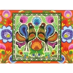 This beautiful note card features a pair of roosters, the traditional symbol representing fertility and bounty.  The scene is framed in a bright green floral background. The mailing envelope features flowers in both the foreground and background.  Spectac