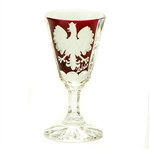 Crystal stem shot glasses decorated on the front side with an engaved Polish Eagle and the word Polska on a ruby red background. Reverse side features a cut star burst design. Boxed set of 2.