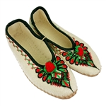 These hand embroidered Polish highland slippers are made from felted wool  and stitched with soft leather soles. The pattern is the parzenica a traditional Highlander design. They are very comfortable, and lightweight. Intended primarily as for indoor use