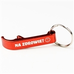 Light weight aluminum bottle opener key chain combination with Na Zdrowie! printed on one side. Size approx 3" long x .5" wide.