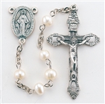 Polish Art Center - 19.5" 5mm Genuine Fresh Water Pearl Bead Rosary with Deluxe Silver Oxidized Crucifix and Center. It comes with a Deluxe Velvet Box