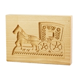 Solid beech wood hand carved mold featuring a traditional horse and carriage folk design. This mold comes from the gingerbread museum in Torun, Poland. These types of wooden molds are used to create gingerbread and cookie designs.