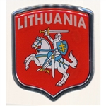 Raised pliable sticker. Size approx 3" x 2.5". Made In Poland.  For historical background about this coat of arms:
http://www.truelithuania.com/topics/history-and-politics-of-lithuania/state-symbols