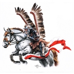 Charging Polish Winged Hussar sticker.  Size approx 7" x 7".
&#8203;Want to learn more about the history if this Polish heavy cavalry?
&#8203;Read here:
&#8203;https://en.wikipedia.org/wiki/Polish_hussars