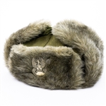 Official Polish Army Officer Winter Fur Hat.  The bottom of the head part and the underside are made of cloth. The front and outer sides of the ear muffs are made of knitted fur. In the center of the head cap is mounted a metal Polish Eagle. Cap from the