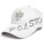 Stylish white cap with silver and white thread embroidery. The cap features a silver Polish Eagle with gold crown and talons. Features an adjustable cloth and metal tab in the back. Designed to fit most people.