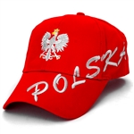 Stylish red cap with silver and white thread embroidery. The cap features a silver Polish Eagle with gold crown and talons. Features an adjustable cloth and metal tab in the back. Designed to fit most people.