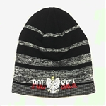 Display your Polish heritage! Black and grey stretch knit skull cap, which features Poland's national symbol the crowned eagle. Easy care acrylic fabric. Fully Lined. One size fits most. Imported from Poland.