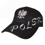Stylish black cap with silver and silver thread embroidery. The cap features a silver Polish Eagle with gold crown and talons. Features an adjustable cloth and metal tab in the back. Designed to fit most people.