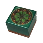 Four Leaf Clover Polish Box. This Irish green box features a Four Leaf Clover inside a metal inlaid circle with red circles for accent. Entire design is hand-carved.