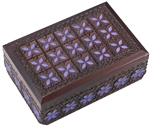 Polish Art Center -This dark brown box is decorated with a series of small purple flowers that cover the lid and run in a border along its sides. The box is handmade in the Tatra Mountain region of Poland. Size approx 6" x 4" x 2".