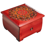 Large square trunk with Chakra design with a Red base coat & Orange accents. Features legs, brass inlay, and lock with key. Size is approx 6.25" x 6.25" x 4".
